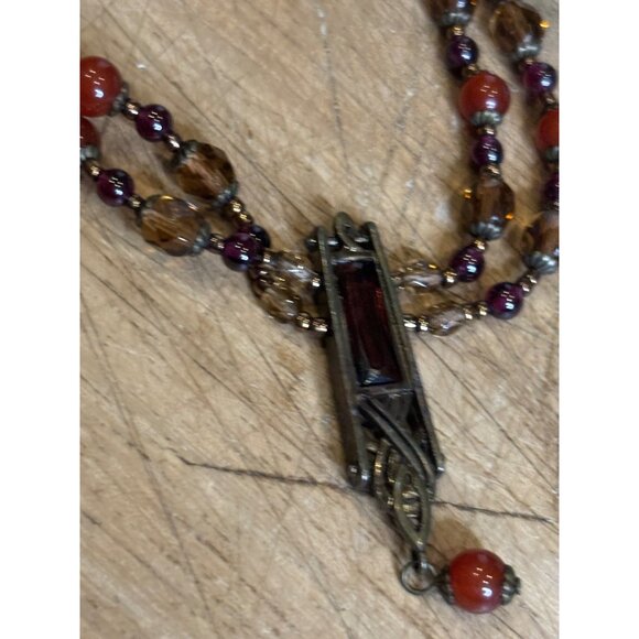 Vintage Multi-Strand Necklace With Red & Amber Beads Bronze Pendant & Chain Intr - Picture 6 of 10